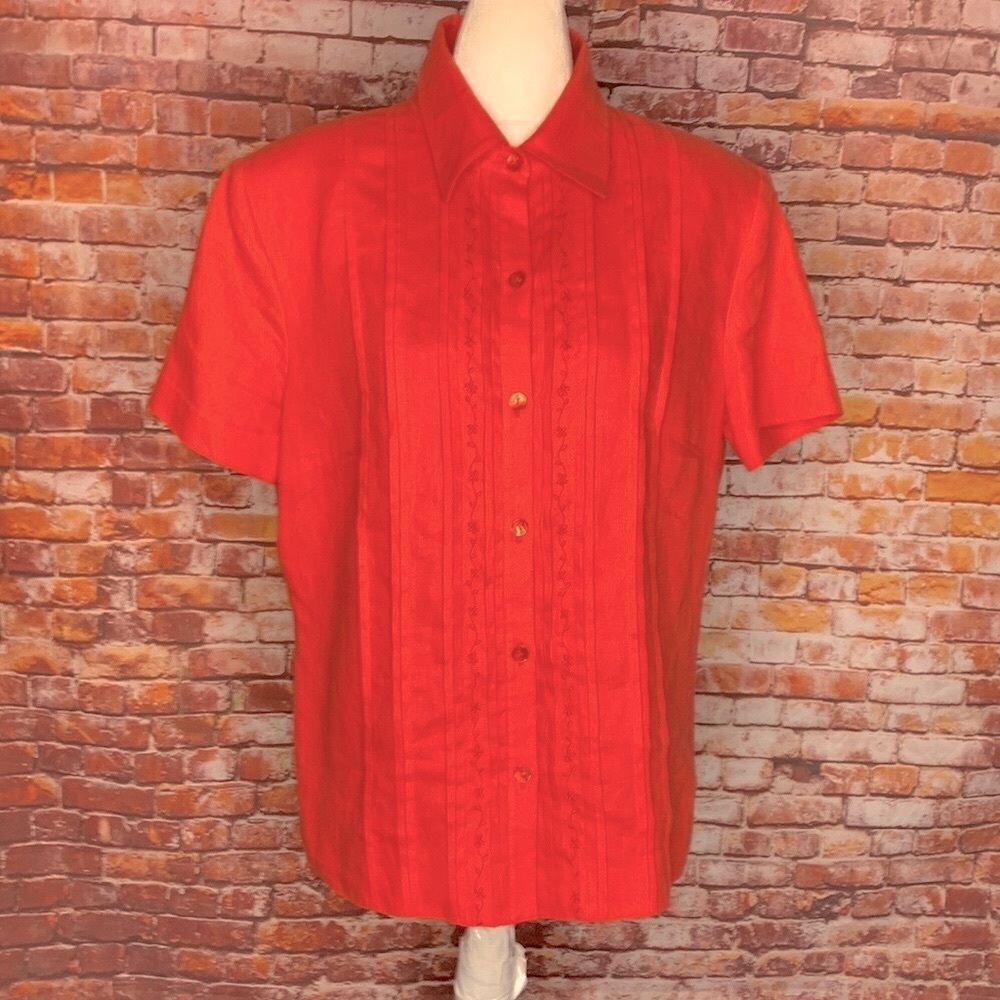 Due Per Due Veste Orange Floral Embroidered Linen Button Down Blouse